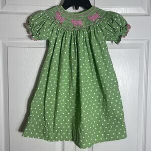 Castles & Crowns Dress Girls 2 Green‎ White Polka Dot Smocked Short Sleeve Midi